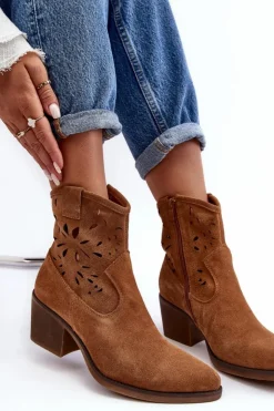 Damskie buty S.Barski Botki Wiosenne|Botki Skórzane*Zamszowe Botki Kowbojki Ażurowe D&A SN622-20 Camel