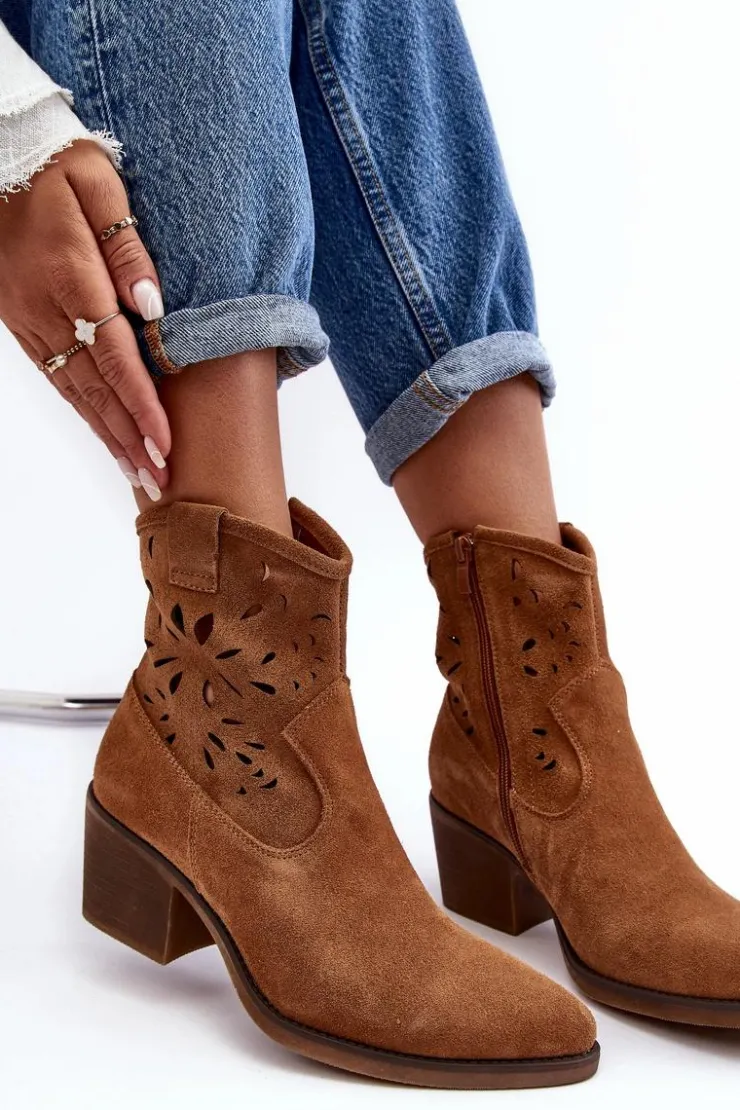 Damskie buty S.Barski Botki Wiosenne|Botki Skórzane*Zamszowe Botki Kowbojki Ażurowe D&A SN622-20 Camel