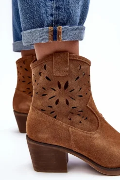 Damskie buty S.Barski Botki Wiosenne|Botki Skórzane*Zamszowe Botki Kowbojki Ażurowe D&A SN622-20 Camel