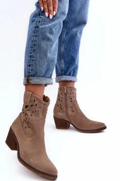 Sale Damskie buty S.Barski Zamszowe Botki Kowbojki Ażurowe D&A SN622-20 Ciemnobeżowe