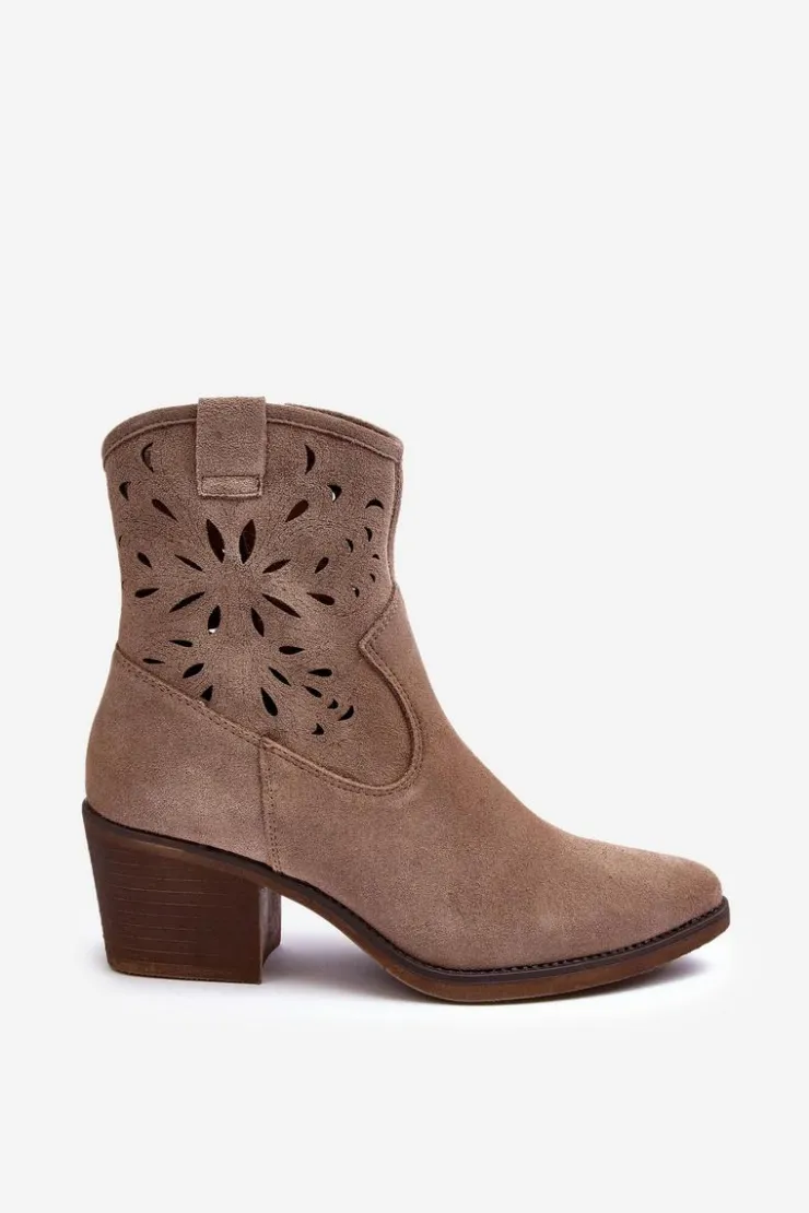 Sale Damskie buty S.Barski Zamszowe Botki Kowbojki Ażurowe D&A SN622-20 Ciemnobeżowe