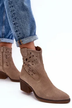 Sale Damskie buty S.Barski Zamszowe Botki Kowbojki Ażurowe D&A SN622-20 Ciemnobeżowe