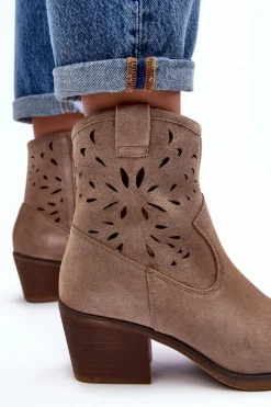 Sale Damskie buty S.Barski Zamszowe Botki Kowbojki Ażurowe D&A SN622-20 Ciemnobeżowe
