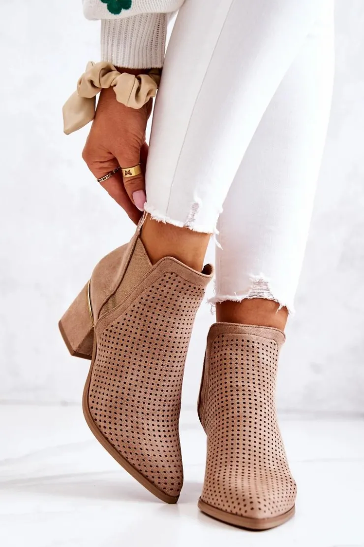 Clearance Boto Zamszowe Botki Kowbojki Ażurowe Ciemnobeżowe Helloni