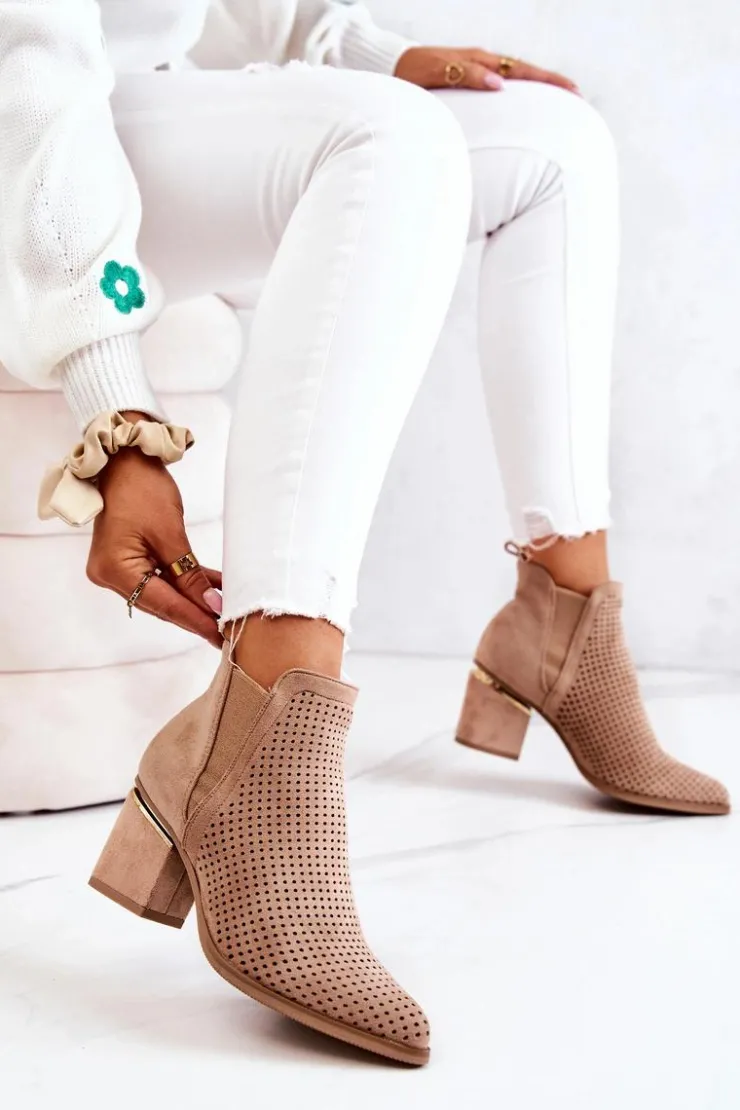 Clearance Boto Zamszowe Botki Kowbojki Ażurowe Ciemnobeżowe Helloni