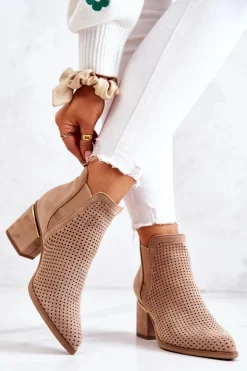 Clearance Boto Zamszowe Botki Kowbojki Ażurowe Ciemnobeżowe Helloni