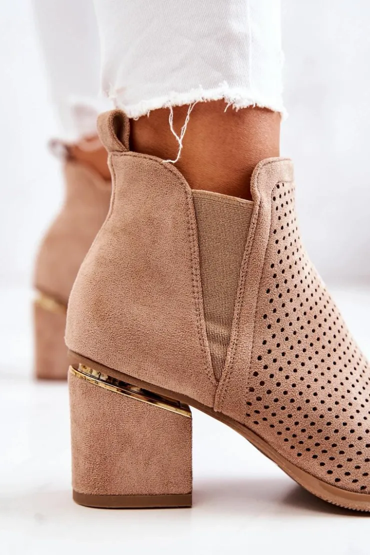 Clearance Boto Zamszowe Botki Kowbojki Ażurowe Ciemnobeżowe Helloni