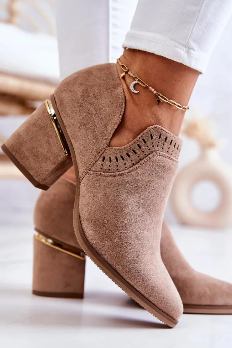 Discount Boto Zamszowe Botki Kowbojki Ażurowe Ciemnobeżowe Valerie