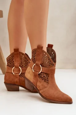 Damskie Zazoo Zamszowe Botki Kowbojki Ażurowe Na Obcasie 2994 Camel