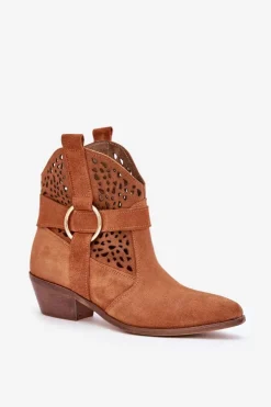 Damskie Zazoo Zamszowe Botki Kowbojki Ażurowe Na Obcasie 2994 Camel