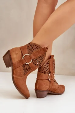 Damskie Zazoo Zamszowe Botki Kowbojki Ażurowe Na Obcasie 2994 Camel