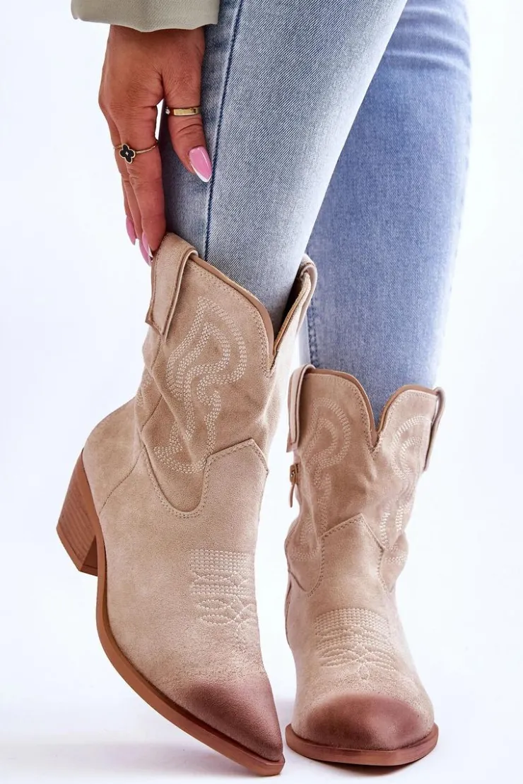 Damskie Boto Zamszowe Botki Kowbojki Beżowe Klaira