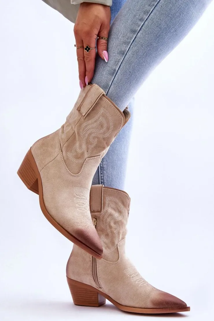 Damskie Boto Zamszowe Botki Kowbojki Beżowe Klaira
