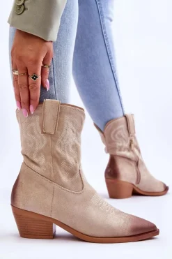 Damskie Boto Zamszowe Botki Kowbojki Beżowe Klaira