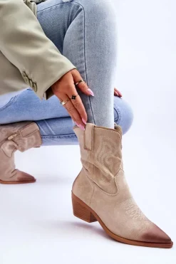 Damskie Boto Zamszowe Botki Kowbojki Beżowe Klaira