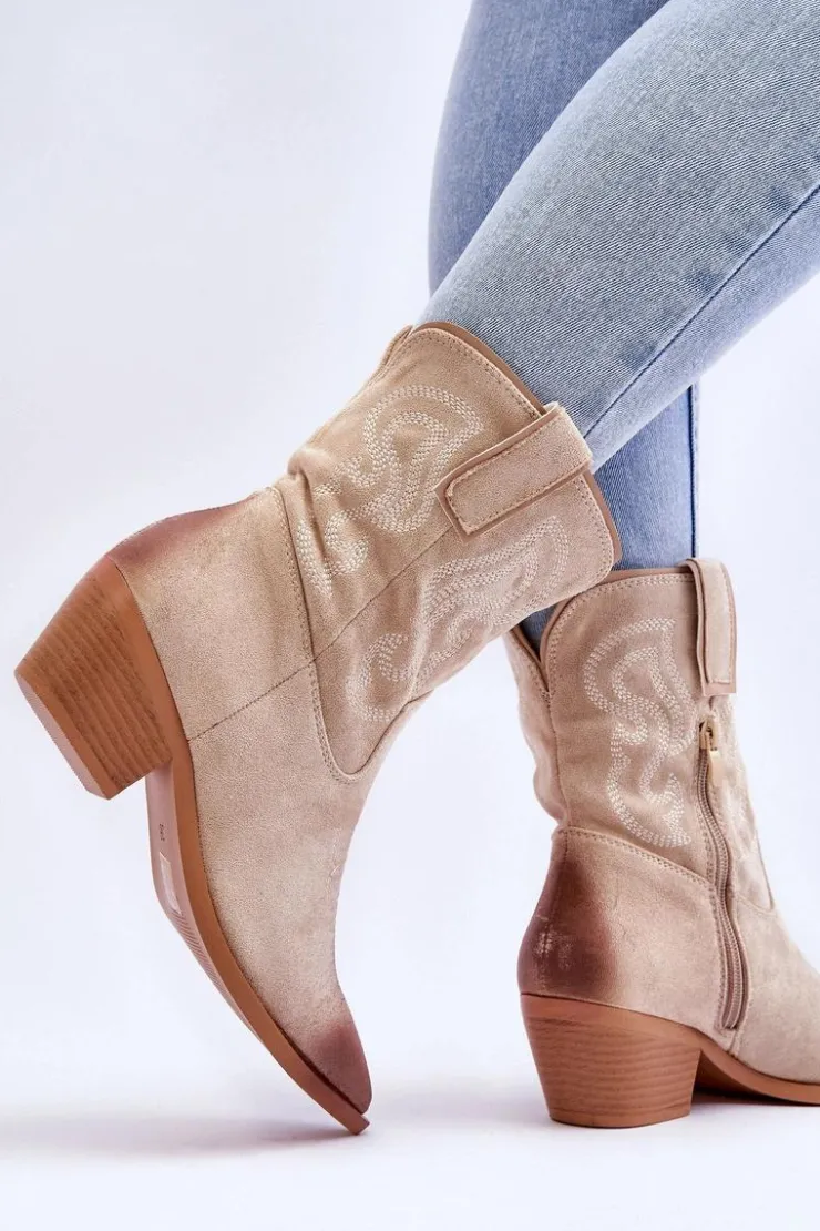 Damskie Boto Zamszowe Botki Kowbojki Beżowe Klaira