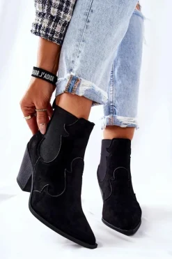 Boto Czarne Botki|Botki Zimowe Damskie*Zamszowe Botki Kowbojki Czarne Maurelle