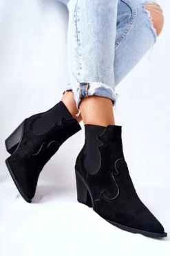 Boto Czarne Botki|Botki Zimowe Damskie*Zamszowe Botki Kowbojki Czarne Maurelle