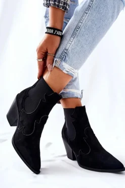 Boto Czarne Botki|Botki Zimowe Damskie*Zamszowe Botki Kowbojki Czarne Maurelle