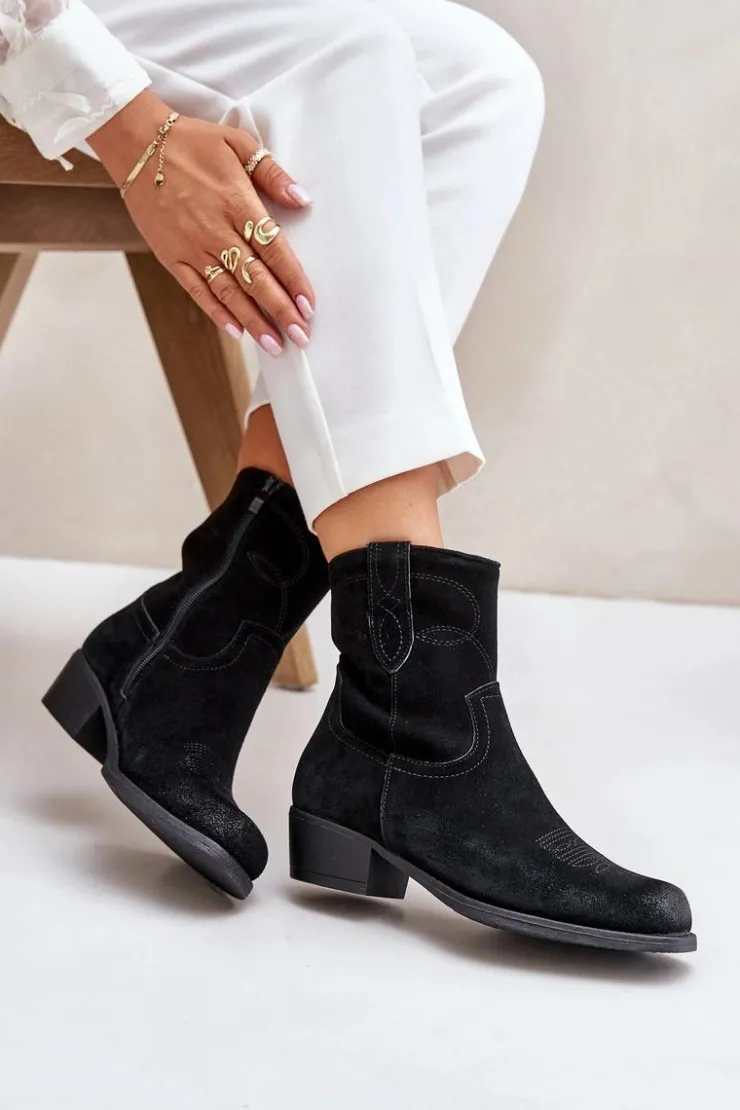 Buty Sergio Leone Botki Ocieplane|Czarne Botki*Zamszowe Botki Kowbojki Damskie Na Niskim Obcasie Ocieplane Sergio Leone BT284-S Czarne