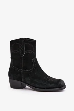Buty Sergio Leone Botki Ocieplane|Czarne Botki*Zamszowe Botki Kowbojki Damskie Na Niskim Obcasie Ocieplane Sergio Leone BT284-S Czarne