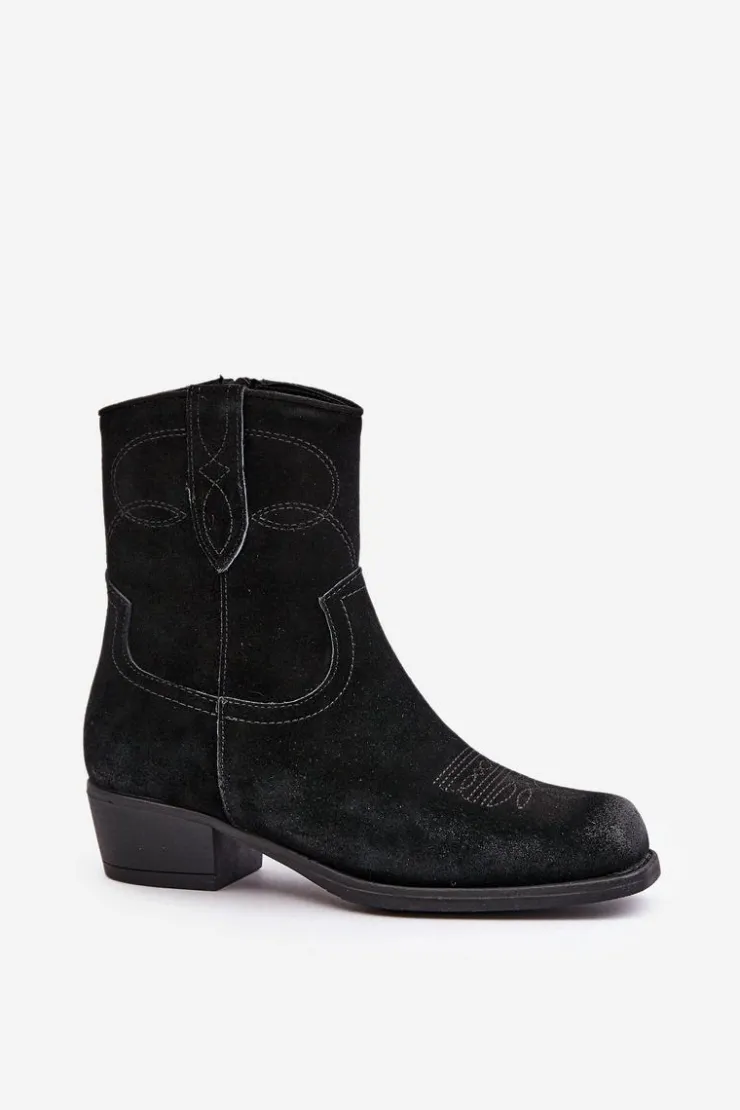 Buty Sergio Leone Botki Ocieplane|Czarne Botki*Zamszowe Botki Kowbojki Damskie Na Niskim Obcasie Ocieplane Sergio Leone BT284-S Czarne