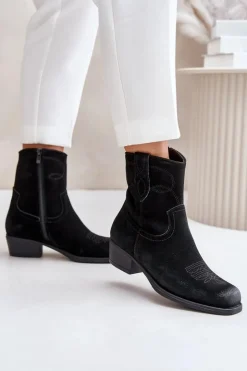 Buty Sergio Leone Botki Ocieplane|Czarne Botki*Zamszowe Botki Kowbojki Damskie Na Niskim Obcasie Ocieplane Sergio Leone BT284-S Czarne