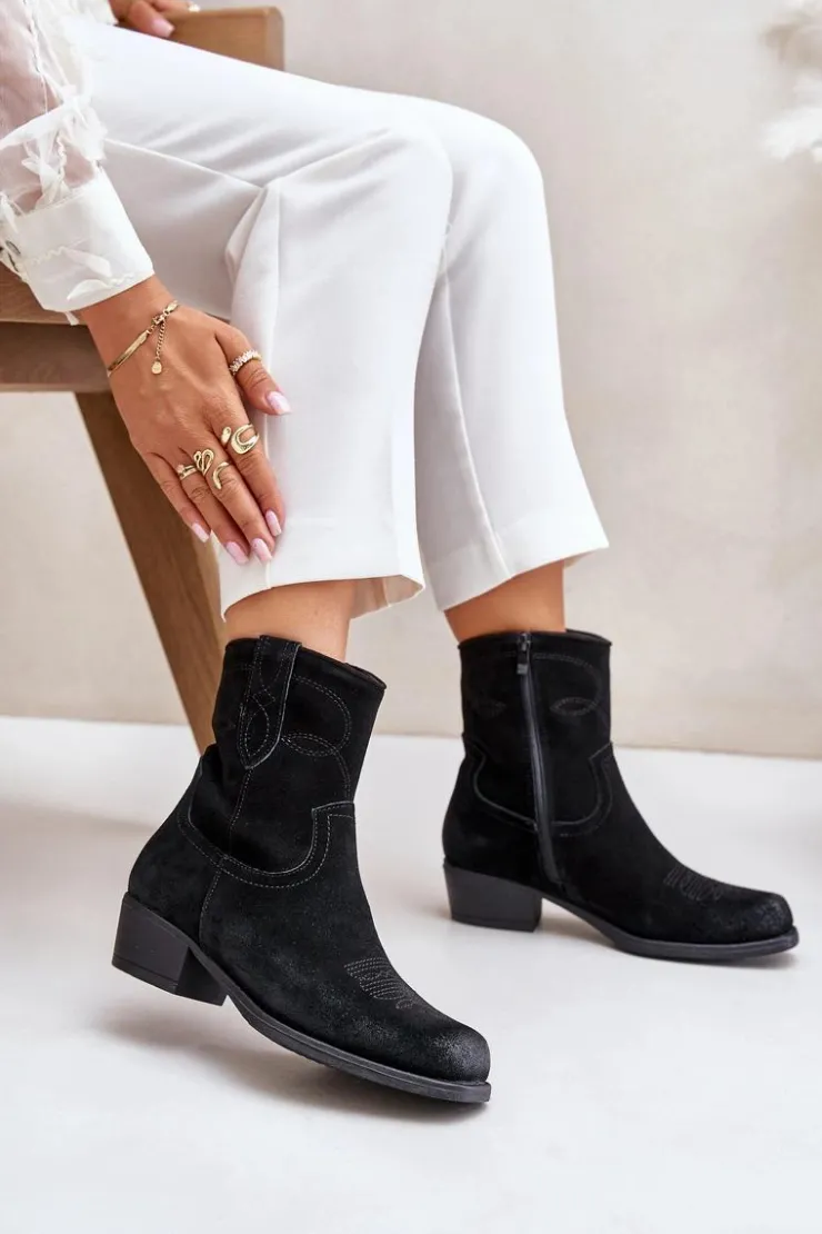 Buty Sergio Leone Botki Ocieplane|Czarne Botki*Zamszowe Botki Kowbojki Damskie Na Niskim Obcasie Ocieplane Sergio Leone BT284-S Czarne