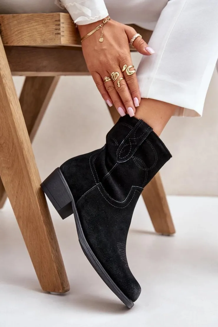 Buty Sergio Leone Botki Ocieplane|Czarne Botki*Zamszowe Botki Kowbojki Damskie Na Niskim Obcasie Ocieplane Sergio Leone BT284-S Czarne