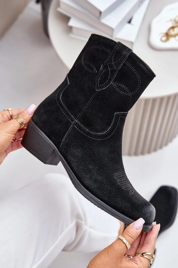 Buty Sergio Leone Botki Ocieplane|Czarne Botki*Zamszowe Botki Kowbojki Damskie Na Niskim Obcasie Ocieplane Sergio Leone BT284-S Czarne