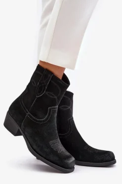 Buty Sergio Leone Botki Ocieplane|Czarne Botki*Zamszowe Botki Kowbojki Damskie Na Niskim Obcasie Ocieplane Sergio Leone BT284-S Czarne