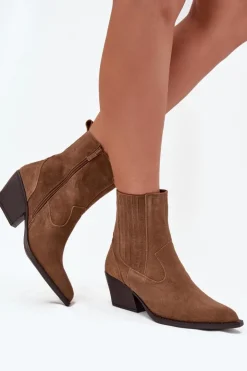 Boto Botki Ocieplane|Botki Na Słupku*Zamszowe Botki Kowbojki Damskie Na Słupku Ocieplane Camel Dylira