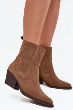 Boto Botki Ocieplane|Botki Na Słupku*Zamszowe Botki Kowbojki Damskie Na Słupku Ocieplane Camel Dylira