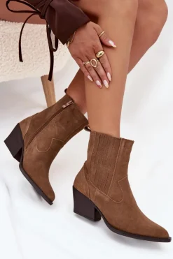 Boto Botki Ocieplane|Botki Na Słupku*Zamszowe Botki Kowbojki Damskie Na Słupku Ocieplane Camel Dylira