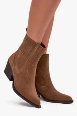 Boto Botki Ocieplane|Botki Na Słupku*Zamszowe Botki Kowbojki Damskie Na Słupku Ocieplane Camel Dylira