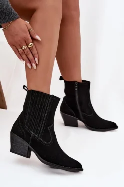 Damskie Boto Zamszowe Botki Kowbojki Damskie Na Słupku Ocieplane Czarne Dylira