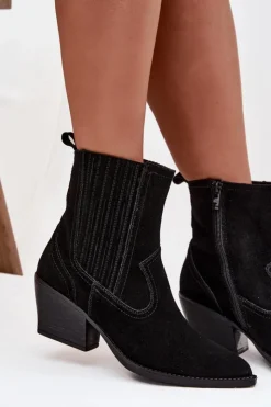 Damskie Boto Zamszowe Botki Kowbojki Damskie Na Słupku Ocieplane Czarne Dylira