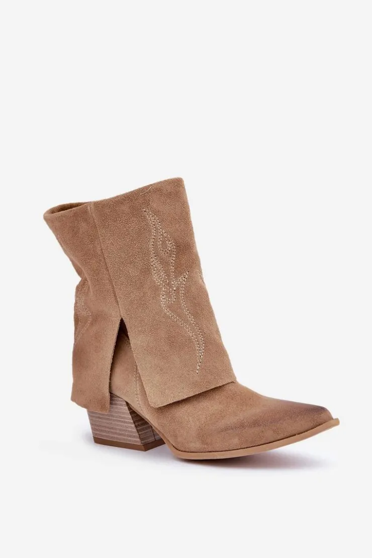 Damskie Zazoo Zamszowe Botki Kowbojki Na Słupku Z Wywiniętą Cholewką 3488 Beżowe