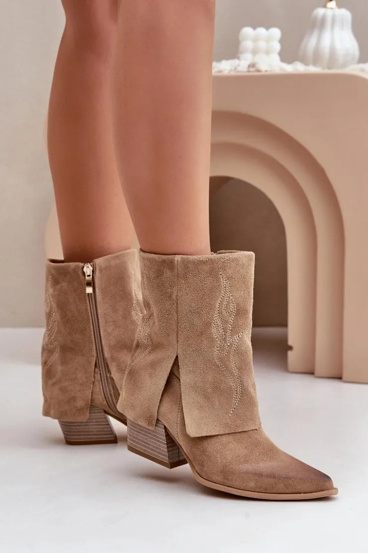 Damskie Zazoo Zamszowe Botki Kowbojki Na Słupku Z Wywiniętą Cholewką 3488 Beżowe