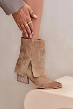 Damskie Zazoo Zamszowe Botki Kowbojki Na Słupku Z Wywiniętą Cholewką 3488 Beżowe