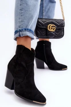 Boto Botki Na Słupku|Czarne Botki*Zamszowe Botki Kowbojki Na Obcasie Czarne Lotoune