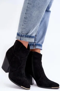Boto Botki Na Słupku|Czarne Botki*Zamszowe Botki Kowbojki Na Obcasie Czarne Lotoune