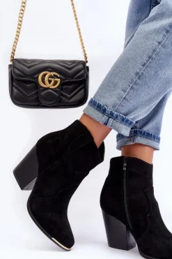 Boto Botki Na Słupku|Czarne Botki*Zamszowe Botki Kowbojki Na Obcasie Czarne Lotoune