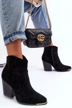 Boto Botki Na Słupku|Czarne Botki*Zamszowe Botki Kowbojki Na Obcasie Czarne Lotoune