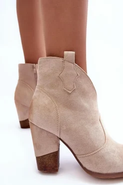 Damskie Boto Zamszowe Botki Kowbojki Na Słupku Jasnobeżowe Tanner