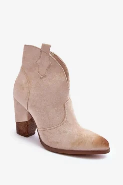 Damskie Boto Zamszowe Botki Kowbojki Na Słupku Jasnobeżowe Tanner