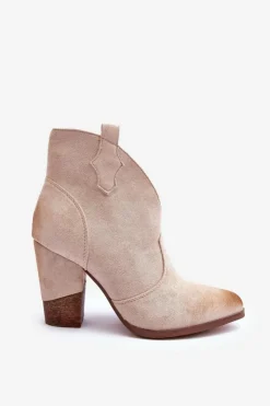 Damskie Boto Zamszowe Botki Kowbojki Na Słupku Jasnobeżowe Tanner