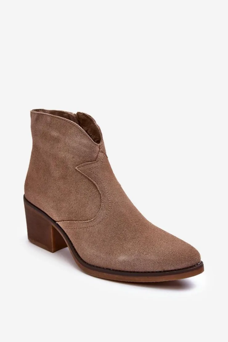 Damskie Damskie buty S.Barski Zamszowe Botki Kowbojki Na Suwak D&A SN622-29 Ciemnobeżowe