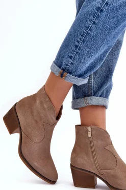 Damskie Damskie buty S.Barski Zamszowe Botki Kowbojki Na Suwak D&A SN622-29 Ciemnobeżowe