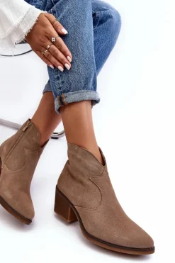 Damskie Damskie buty S.Barski Zamszowe Botki Kowbojki Na Suwak D&A SN622-29 Ciemnobeżowe